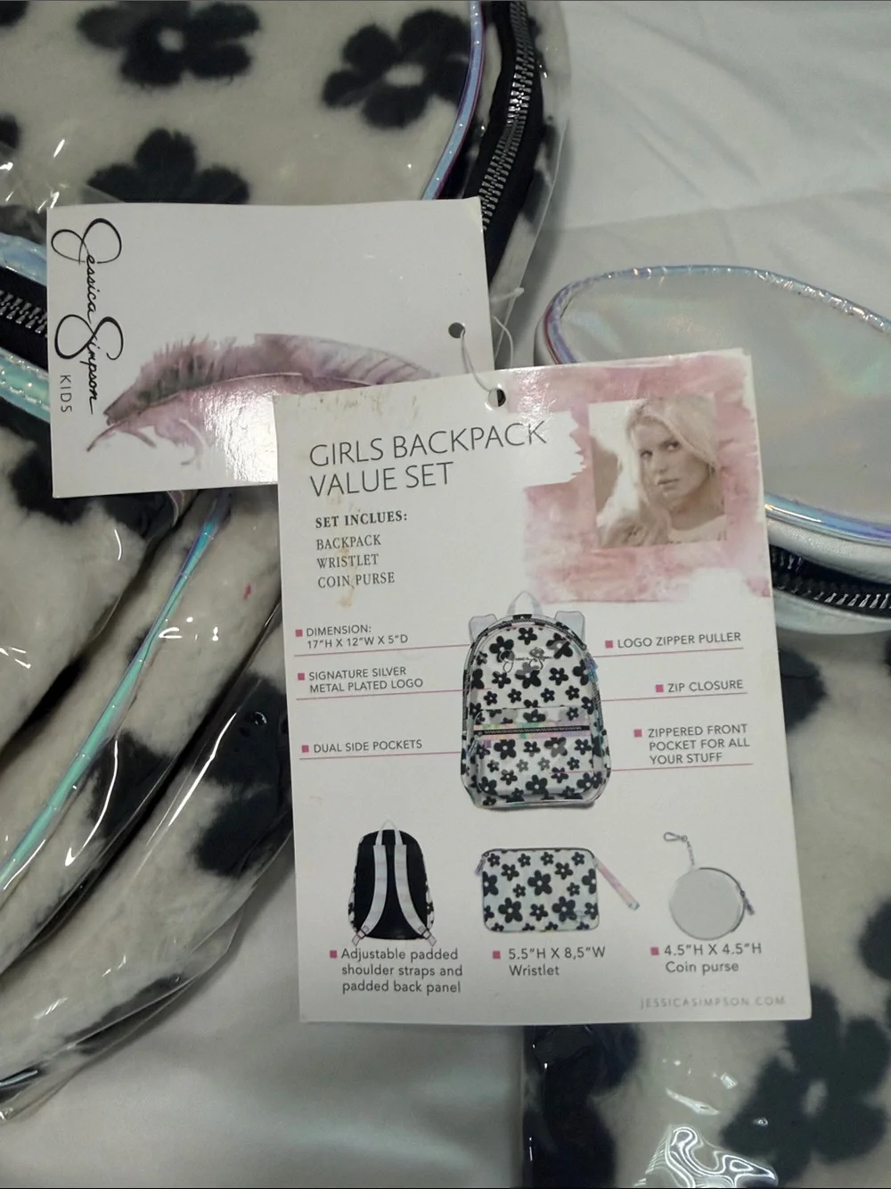 Jessica Simpson Cream and Black Floral Faux-Fur Backpack Value Set